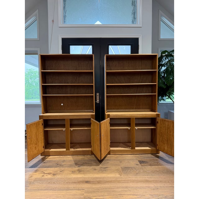 For sale is a rare, matching pair of premium, artisan-crafted mid-century style wooden hutches/bookcases. These gorgeous...