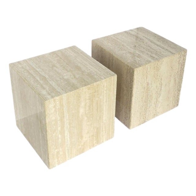 Italian Travertine Marble End Tables, Pair For Sale