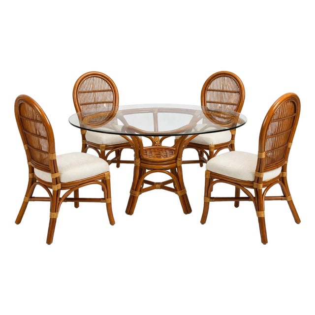 Late 20th Century Ratana Palm Beach Regency Rattan Dining Set – 5 Piece Round Glass Top Table With Newly Upholstered Linen Chairs For Sale
