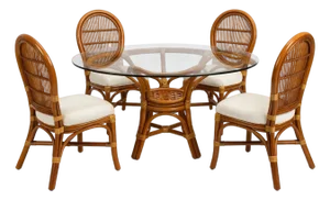 Late 20th Century Ratana Palm Beach Regency Rattan Dining Set – 5 Piece Round Glass Top Table With Newly Upholstered Linen Chairs