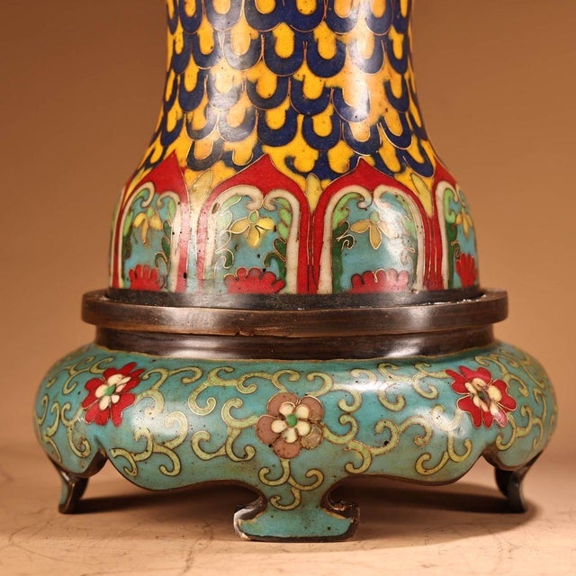 Metal Monumental Pair of Chinese Cloisonné Enamel "Fish" Vases With Stands - 48cm, 9.6kg For Sale - Image 7 of 8