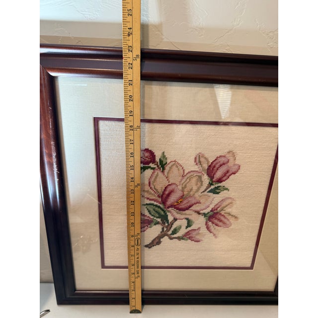 Vintage Framed Cross Stitch Magnolia Flower Botanical Art 23"x23" Professionally Framed Needlepoint Embroidery For Sale - Image 11 of 11
