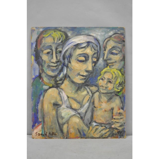 Vintage 1960s Samuel Heller "Family Portrait with Child" Oil on Board Painting Signed. Artist: "NY listed artist Samuel S....