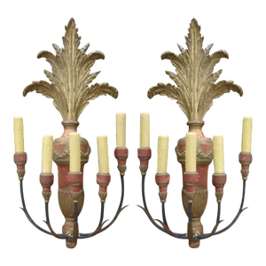 Pair of Italian Painted and Parcel Giltwood Plume Sconces