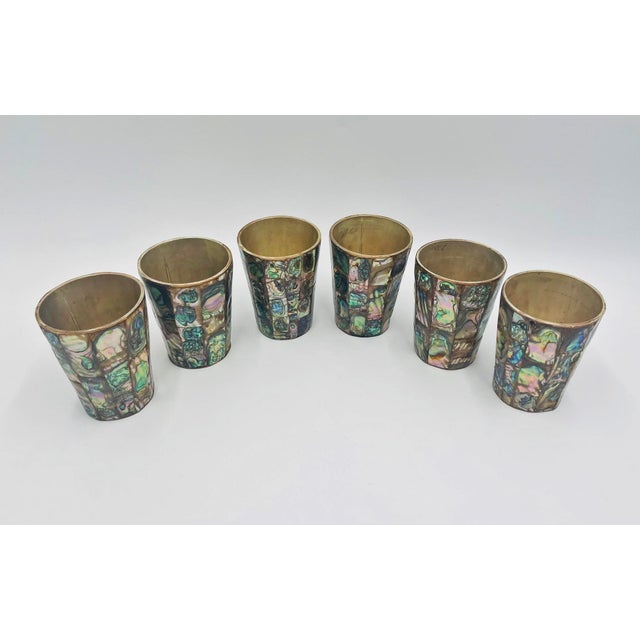 Mid 20th Century Mexican Abalone Mosaic Brass Barware Set, Pitcher & 6 Glasses For Sale - Image 16 of 18