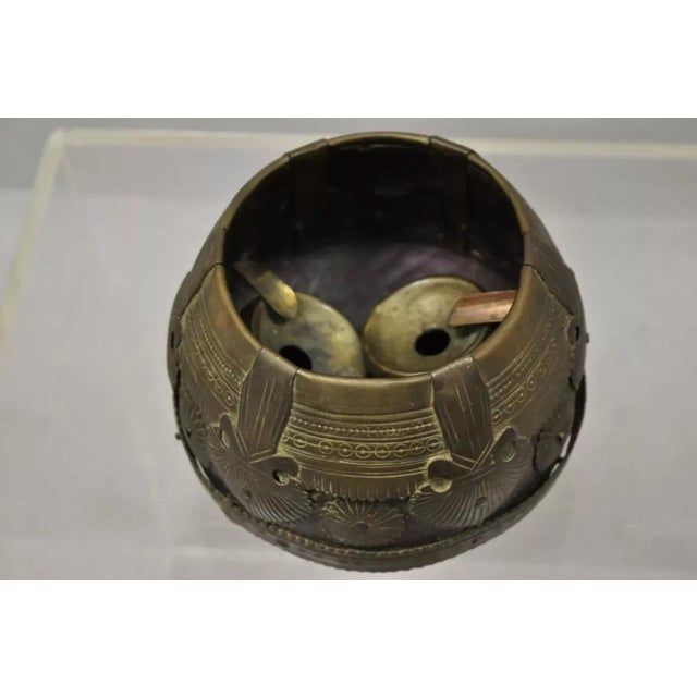 19th C. Antique Indian Brass and Wood Smoking Tobacco Jar, Box & Ashtray Set - 3 Pieces For Sale - Image 11 of 11