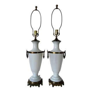 Vintage Paul Hanson French Neoclassical Style White Milk Glass Urn Table Lamps – A Pair For Sale