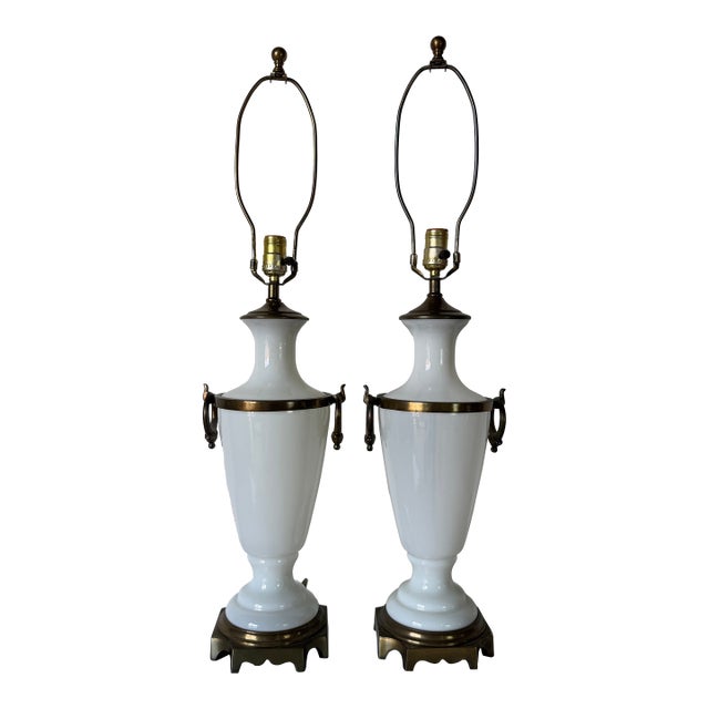 Vintage Paul Hanson French Neoclassical Style White Milk Glass Urn Table Lamps – A Pair For Sale