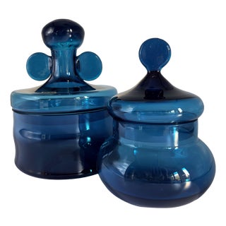 Vintage Blue Glass Lidded Jars by Bertil Vallien for Boda, 1960s, Set of 2 For Sale