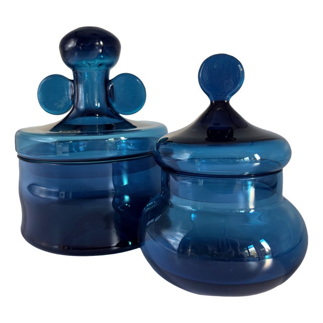 Vintage Blue Glass Lidded Jars by Bertil Vallien for Boda, 1960s, Set of 2 For Sale