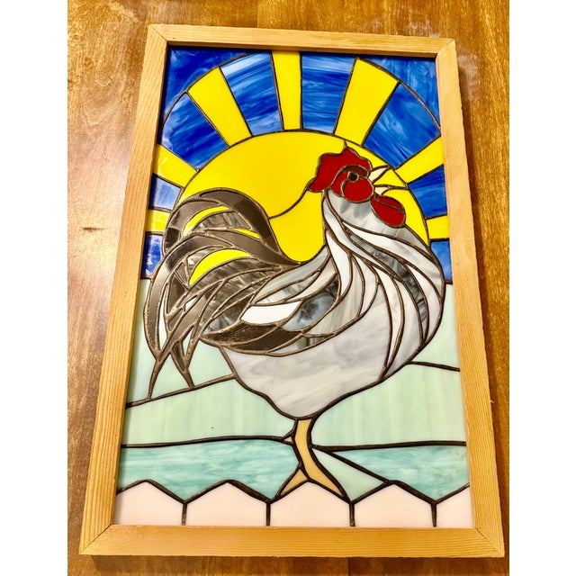 Mid 20th Century Mid 20th Century Framed Handcrafted Stain Glass Rooster and Vibrant Sunrise For Sale - Image 5 of 11