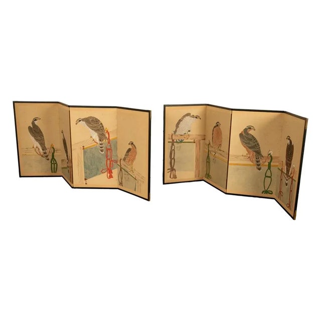 Pair Antique Japanese Edo Falcon Hawk Birds of Prey Takagari Screens 1880 For Sale - Image 11 of 18