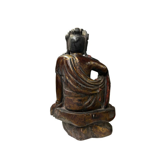 1980s Vintage Chinese Golden Red Brown Lacquer Wood Bodhisattva Statue For Sale - Image 5 of 9
