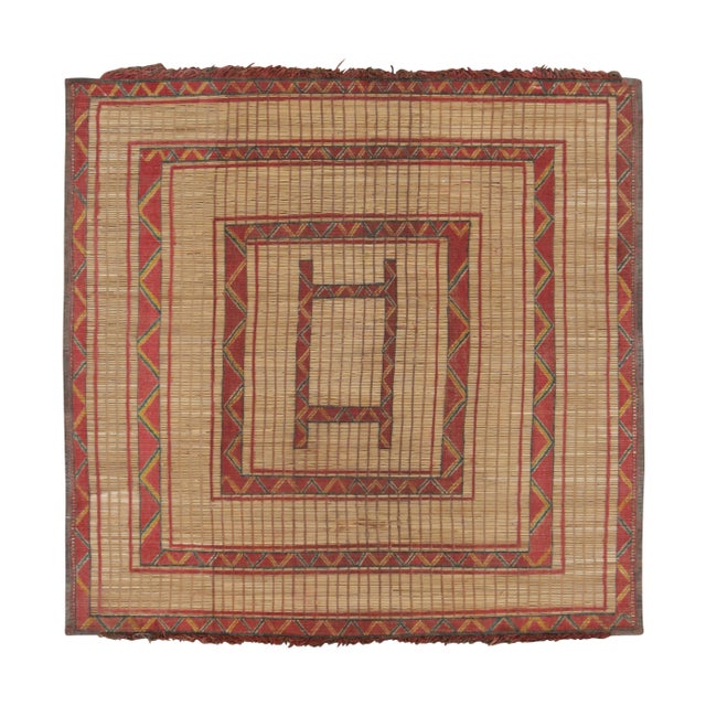 Rug & Kilim Vintage Square Tuareg Mat in Red and Green Tribal Geometric Patterns For Sale - Image 4 of 7