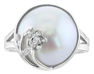 Mabe Pearl Flower Diamond Ring 14k White Gold, Size 9