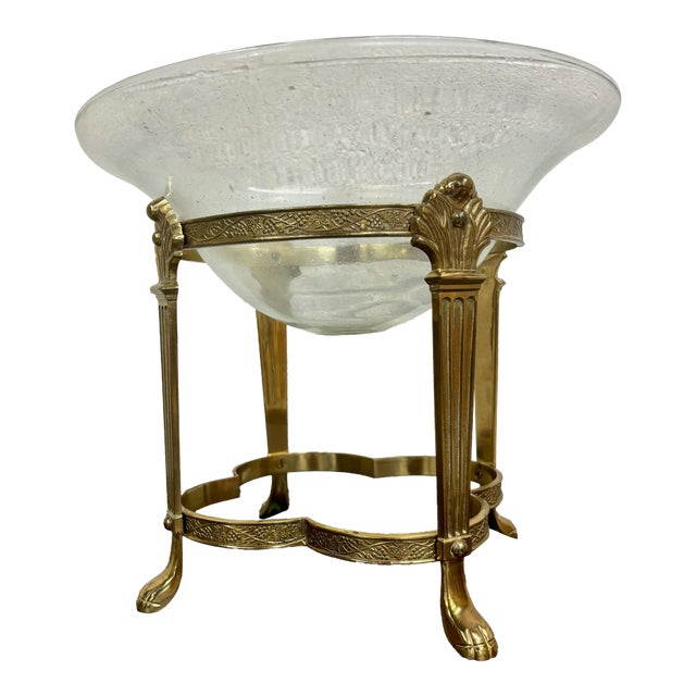 Vintage Bubbled Glass Fruit Bowl With Brass Stand For Sale