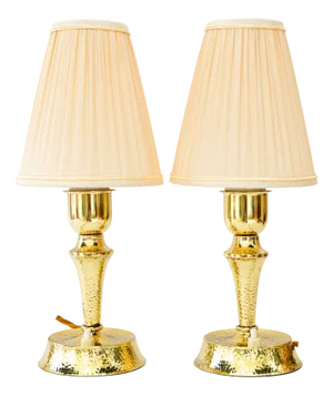 Art Deco Hammered Brass Table Lamps with Fabric Shades, Vienna, Austria, 1920s, Set of 2