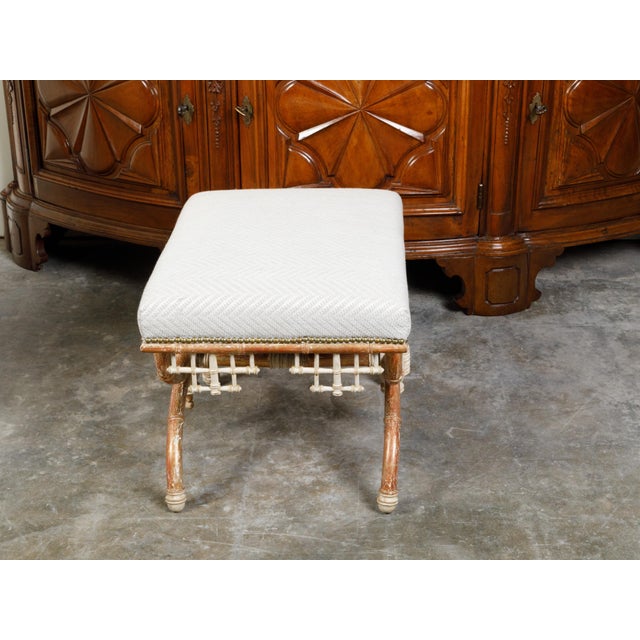 English Chinese Chippendale Style Faux Bamboo Stool with New Upholstery For Sale - Image 12 of 12