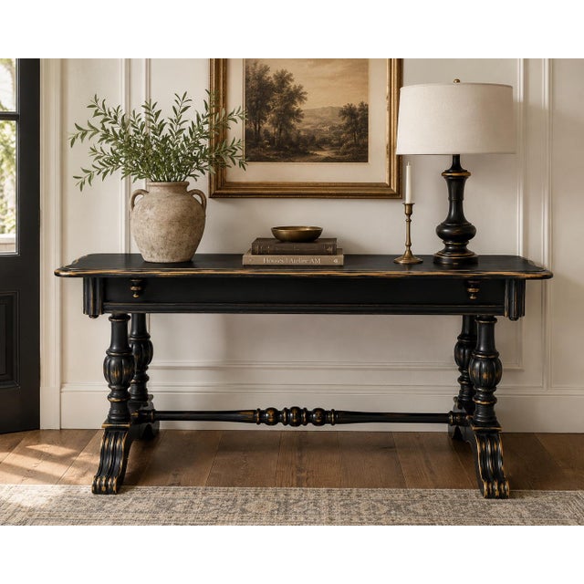 Late 19th Century French Country Solid Wood Trestle Console Table in Black & Gilt For Sale - Image 4 of 4
