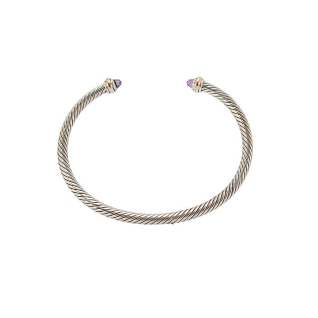 David Yurman Classic Cable Silver & 18k Gold 4mm Amethyst Cuff Bangle Bracelet For Sale In Houston - Image 6 of 8