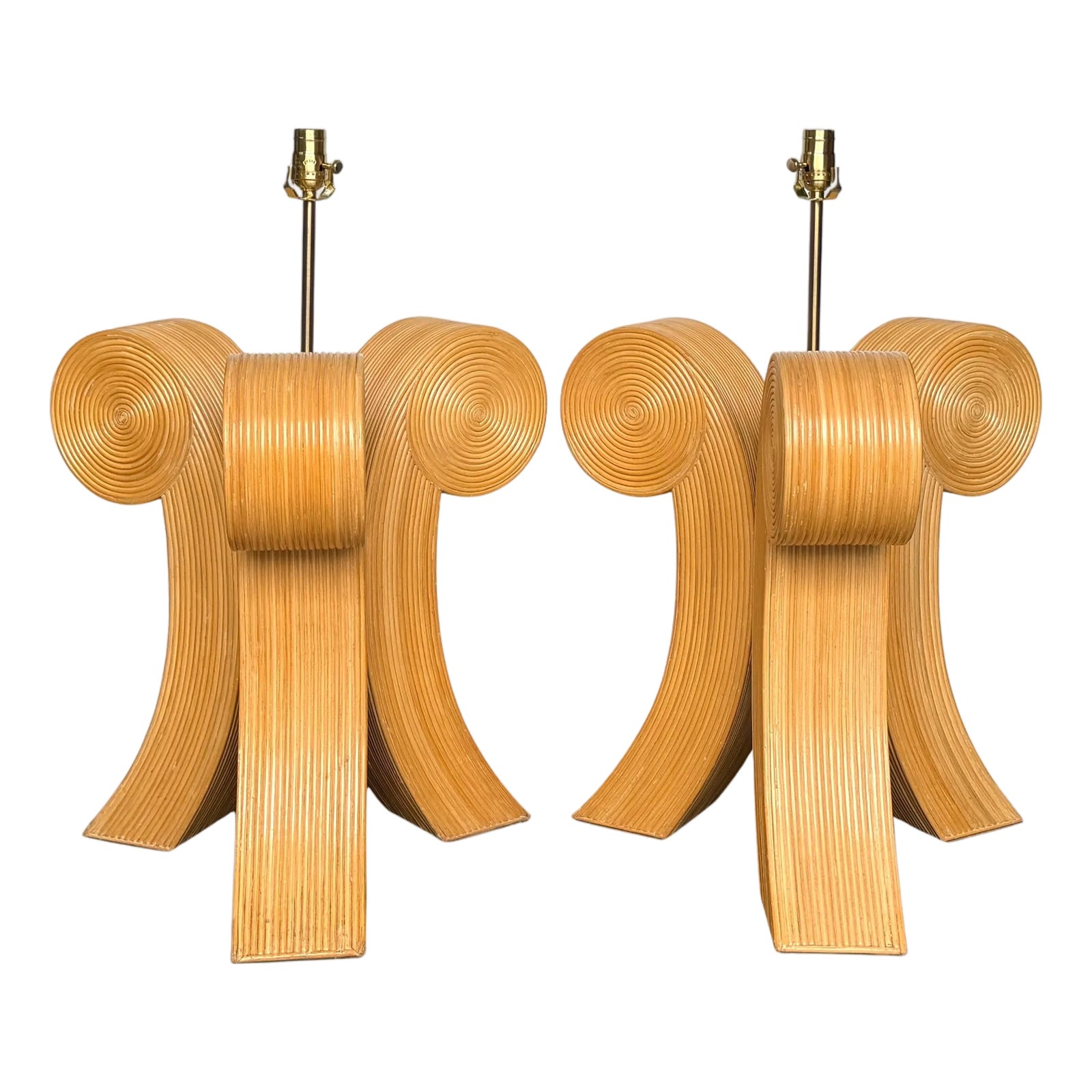 Large Pair Sculptural Modernist Pencil Reed Scroll Lamps, 1980s | Chairish