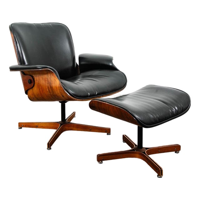 Mid Century Modern Lounge Chair Plycraft Mr Chair Black Swivel George Mulhauser, 2 Pieces For Sale