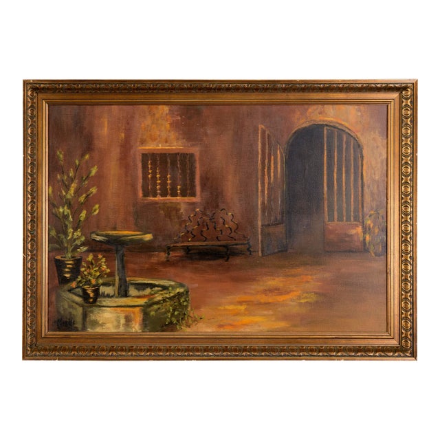 Courtyard With Fountain - Interior Landscape in Oil on Canvas by Muriel Kittock For Sale