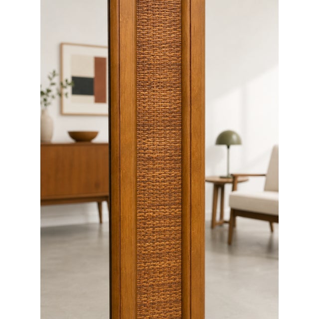 Wood Large Vintage Mid Century Modern Mirror | Walnut Rattan Mirror C. 1960's For Sale - Image 7 of 9