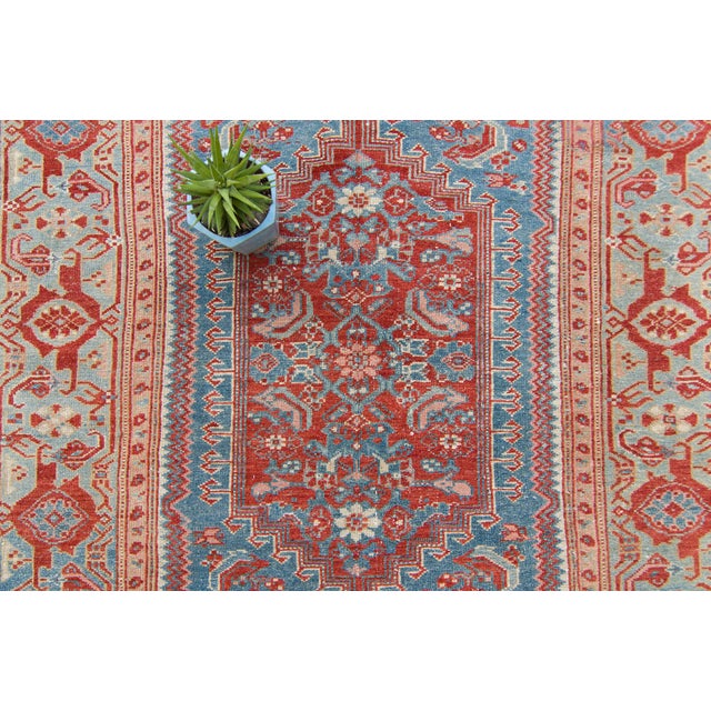 1930s 1930s Vintage Medallion Floral Rug Brick Red Blue Hand Knotted Wool Pile Rug - 4’ X 6’6” For Sale - Image 5 of 10