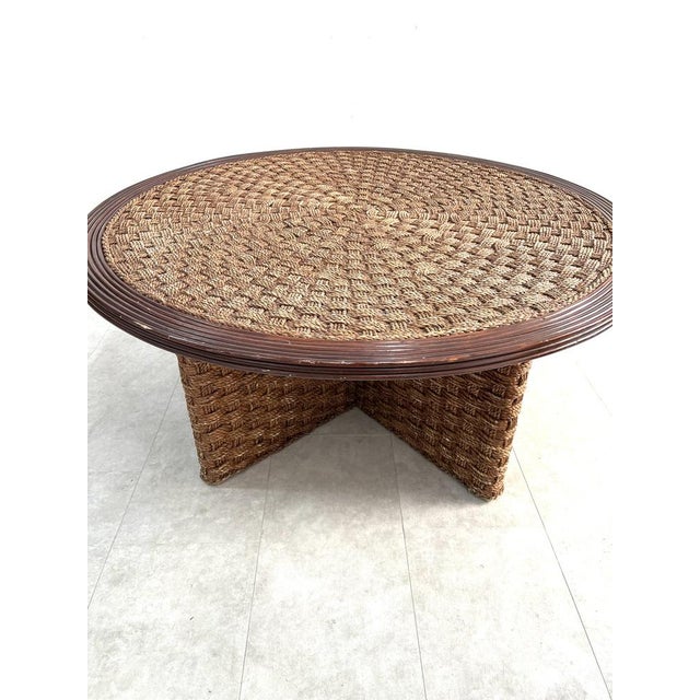 Rattan and Woven Cane Coffee Table and Stools in the style of Audoux Minet, France, 1950s, Set of 5 For Sale - Image 4 of 9