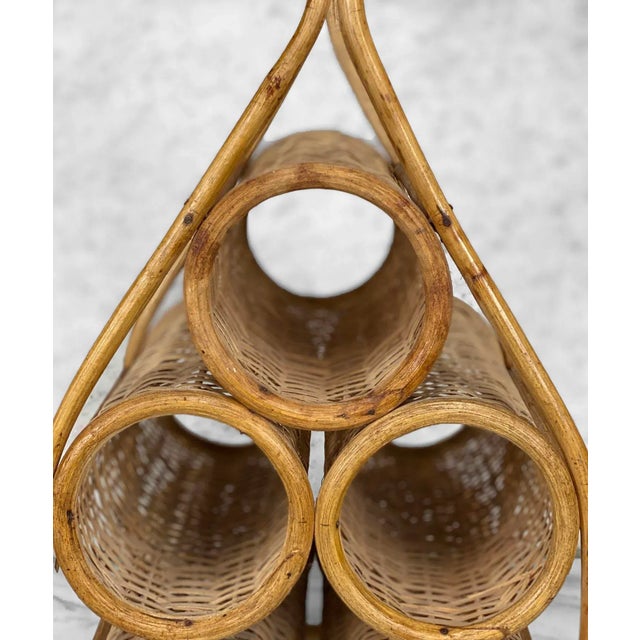 1970s Vintage Boho Coastal Rattan Wicker Sculptural Wine Bottle Rack Holder For Sale - Image 5 of 13