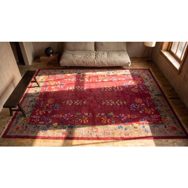 1920s Ruby Red Floral Vase Antique Chinese Art Deco Carpet 9' X 11'9" Knotted Wool Rug For Sale - Image 13 of 15