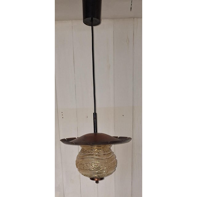 Vintage Rustic Pendant Lamp with Copper Frame from Fischer-Leuchten, 1970s, in Very Good conditions. Designed 1970 to 1979...