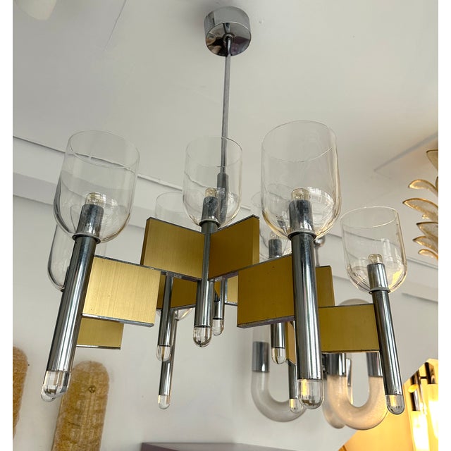 Gold Chandelier Brass Chrome and Murano Glass by Sciolari, Italy, 1970s For Sale - Image 8 of 12