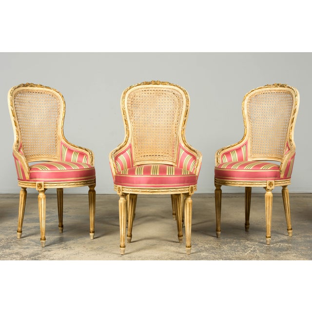 French Set of 6 Early 20th Century French Louis XVI Cane Dining Armchairs in Pink Stripe For Sale - Image 3 of 18