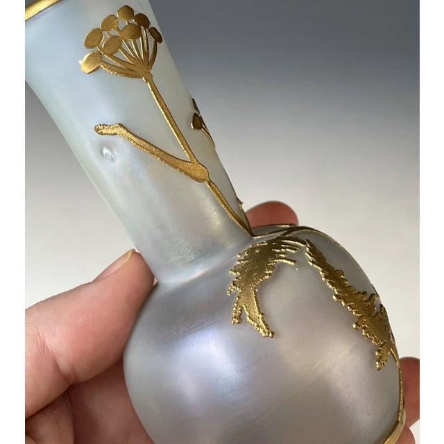 Transparent Fine Antique Art Nouveau Iridescent Satin Glass Vase W/ Gilt Bronze Overlay For Sale - Image 8 of 15