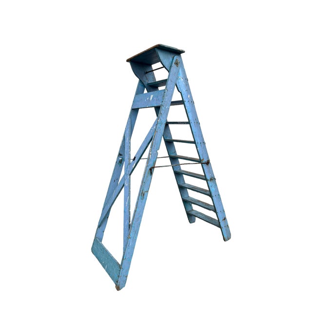 French Blue Painted Step Ladder, 1940s For Sale