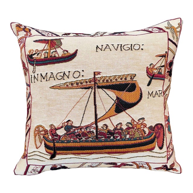 Bayeux Norman Boat Tapestry Cushion With Feather Filler - 46x46cm (18"x18") For Sale