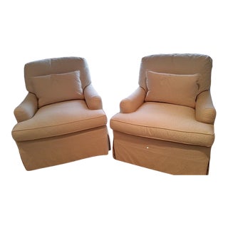 1990s Vintage Hickory Upholstered Skirted Club Chairs - a Pair For Sale