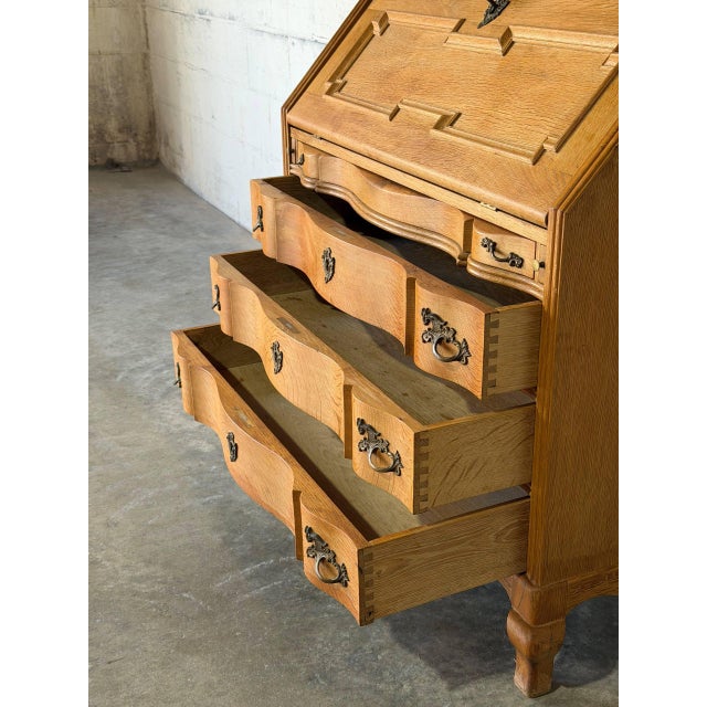 Brown Oak Bureau With Drop-Front Desk and Three Serpentine Drawers Danish Mid-Century Modern 1970s For Sale - Image 8 of 11