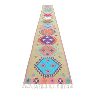 Handmade Silk Flatweave Turkish Kilim Stair Runner Rug Gallery Runner - 3′1″ X 25′2″ For Sale