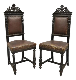 Mid 19th Century Antique Spanish Renaissance Carved Oak Wood Figural Leather Side Chairs - a Pair