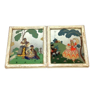 1920s Pair of Art Deco Reverse-Painted Mirrors After Georges Barbier For Sale