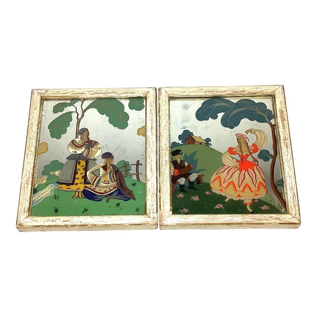 1920s Pair of Art Deco Reverse-Painted Mirrors After Georges Barbier For Sale