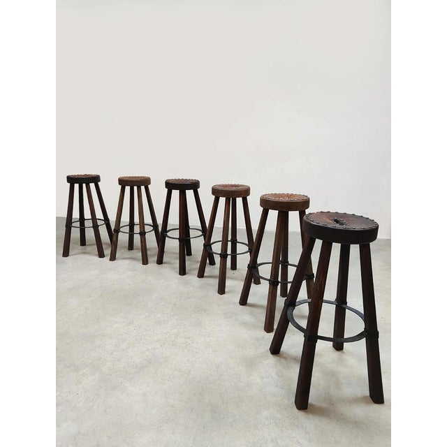 Vintage Spanish Leather Barstools, 1970s, Set of 6 For Sale - Image 9 of 9