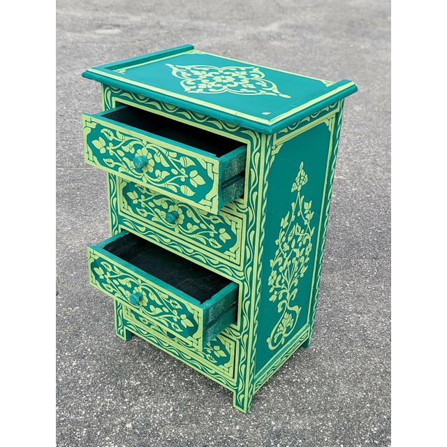 Hand‑Painted Moroccan Nightstand / Green Zoua9 Woodwork For Sale In Orlando - Image 6 of 7