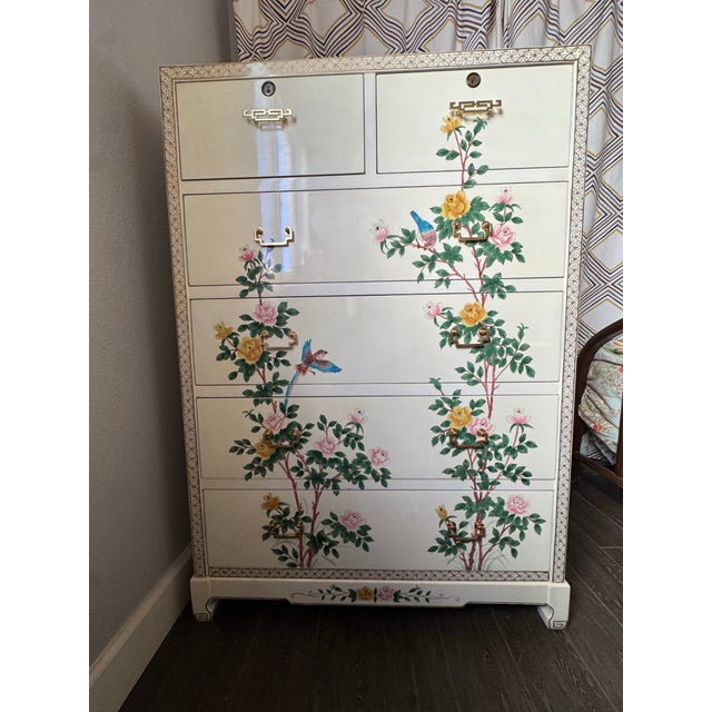 Vintage, Floral, White Lacquer Chinoiserie Tall Boy Dresser For Sale - Image 12 of 18