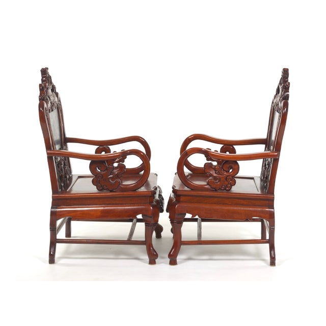 Pair of elaborately carved Antique Chinese Style, solid Rosewood Arm Chairs with rare matching marble mystery stone back...