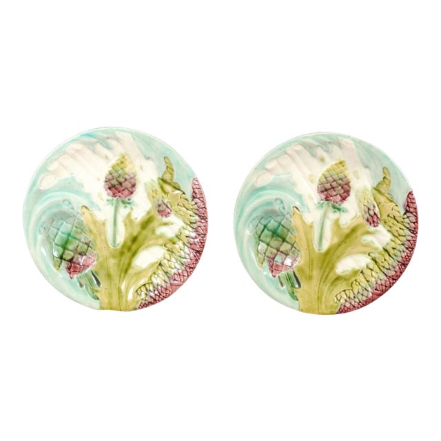 French 1880s Lunéville Majolica Asparagus and Artichoke Dinner Plates - A Pair For Sale
