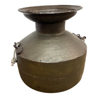 Large Hammered Metal Water Vessel + Rope Handles For Sale